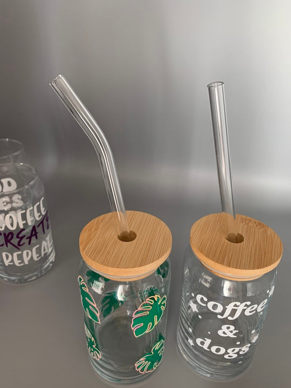 Beer Can Glass With Straw and Bamboo Lid 16oz/ Soda Can Glass /bamboo Lid /  Glass Straw/ 