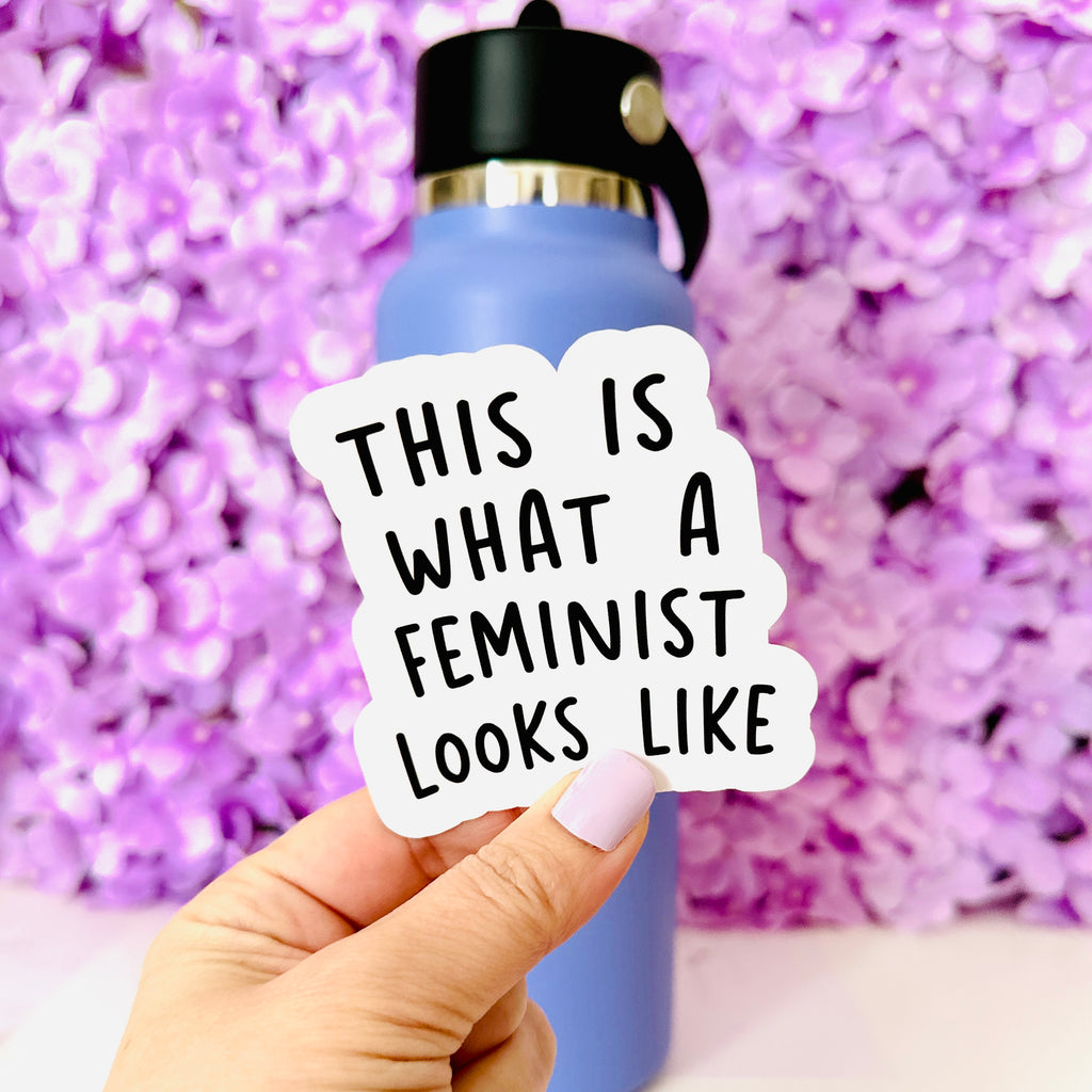 This is what a feminist looks like sticker - bold capital black letters on a white background