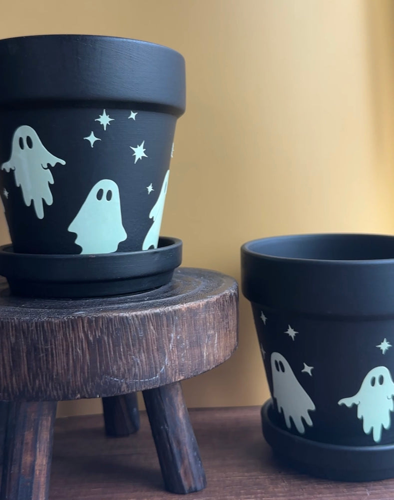 From the dark of night, the moon appears and casts a haunted glow. Perfect for a haunted garden, this black planter is made complete with 4 cute spooky ghosts, stars and a crescent moon to enhance your decor. 