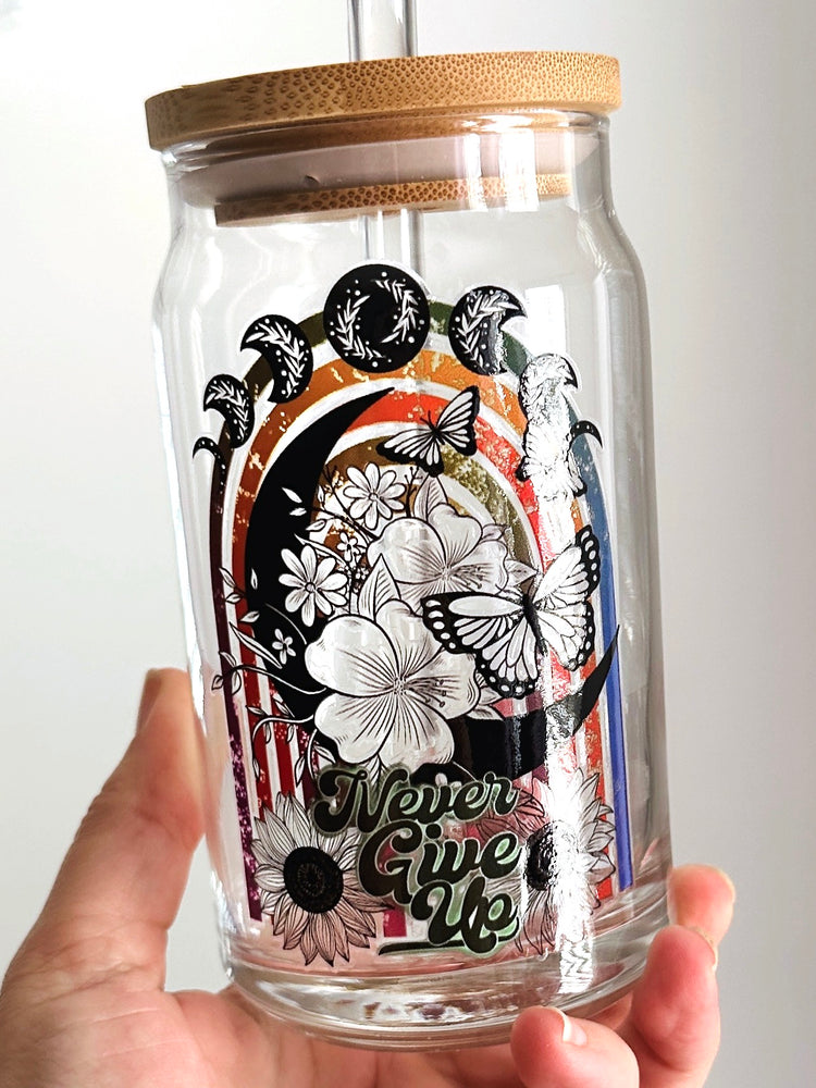 Floral Moon Phases - Never Give Up Glass Cup