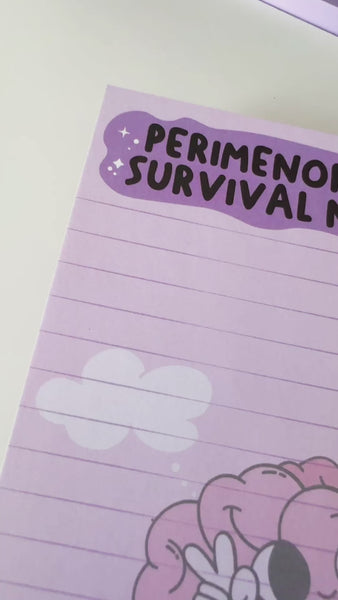 Purple lined Notepad titled 'Perimenopause Survival Notes' with a cartoon brain giving peace fingers illustration on a white surface.