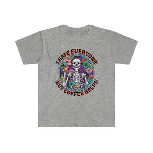 I Hate Everyone But Coffee Helps Creepy Skeleton Crew Unisex Softstyle T-Shirt