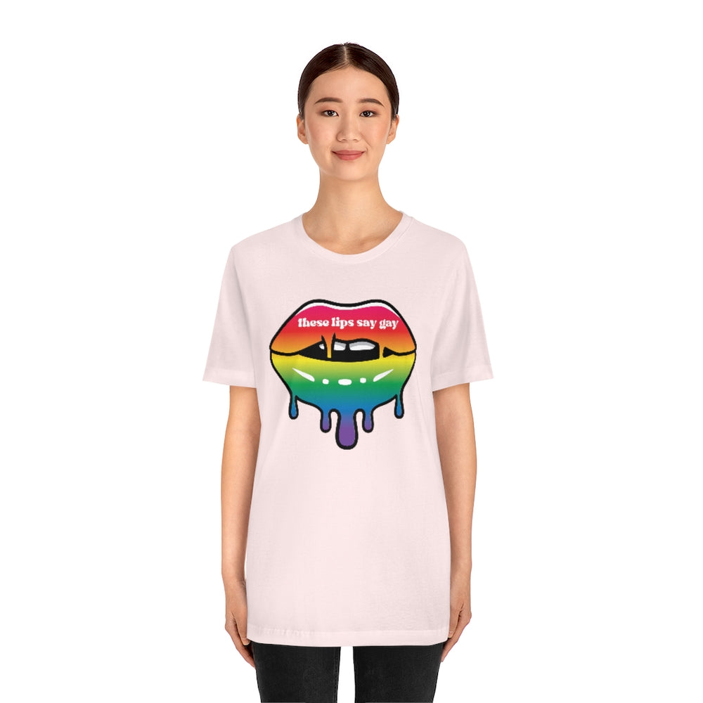 
            
                Load image into Gallery viewer, These Lips Say Gay LGBTQIA2+ Jersey Short Sleeve Tee
            
        