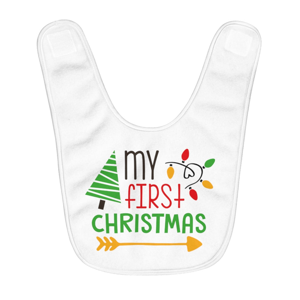 White baby bib with my first Christmas with a little green tree and colored lights