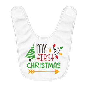 
            
                Load image into Gallery viewer, White baby bib with my first Christmas with a little green tree and colored lights
            
        