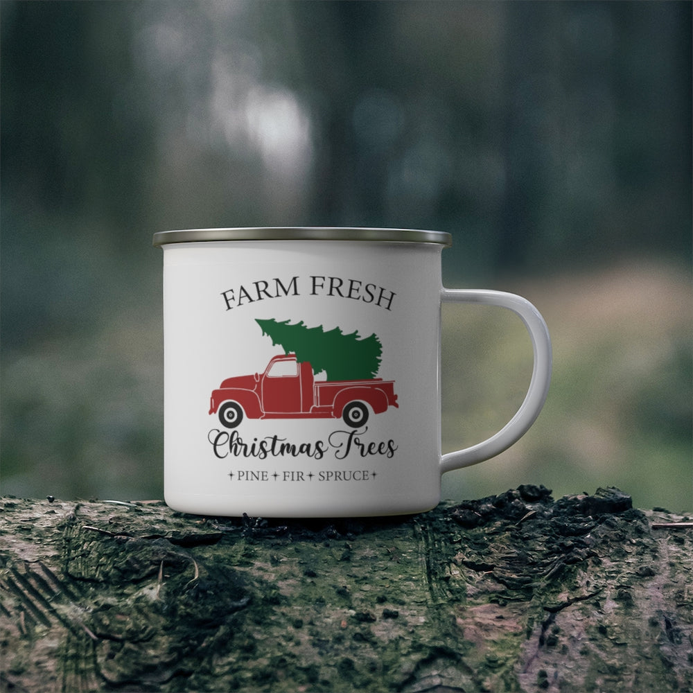 farm free Christmas tree design on enamel camping mug