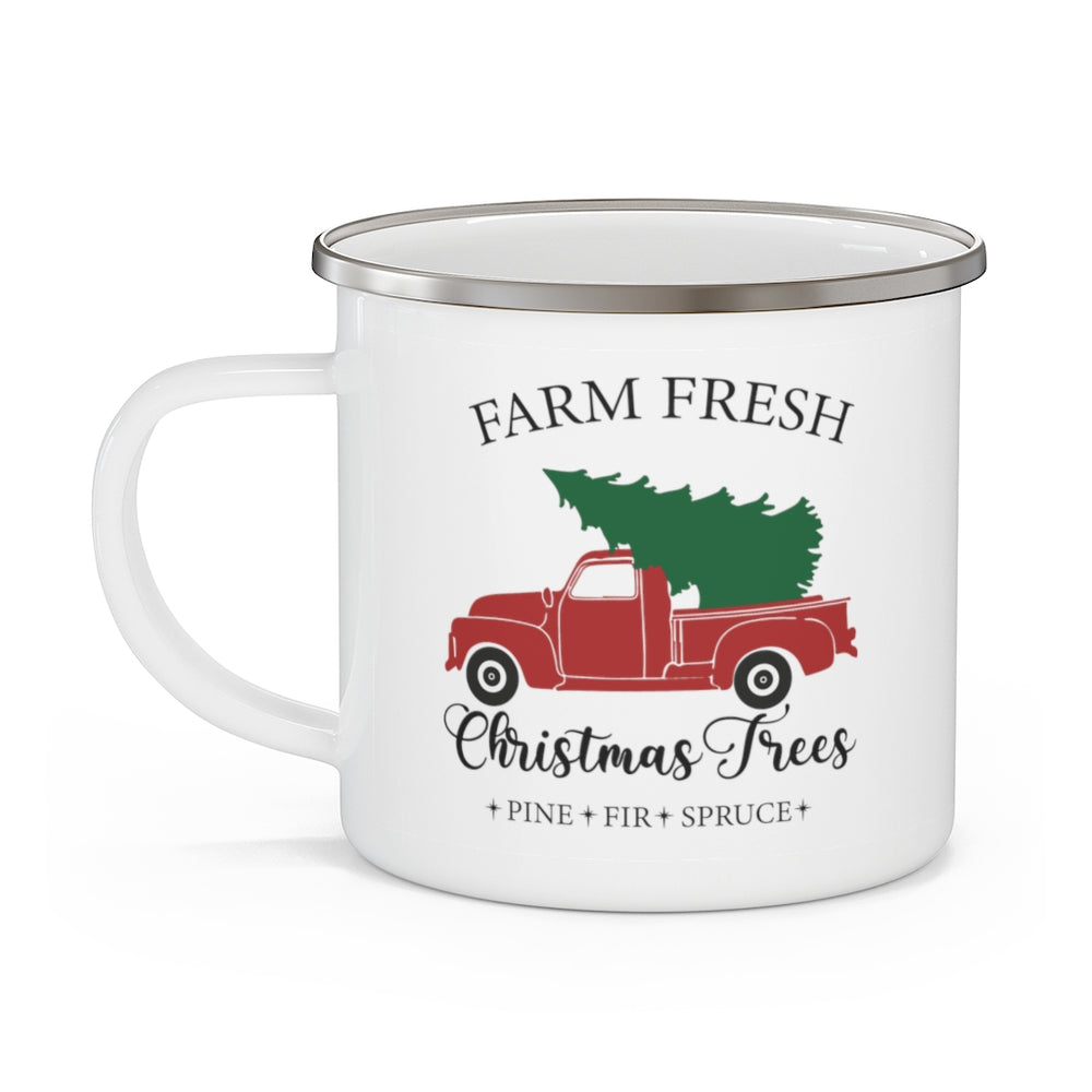 farm free Christmas tree design on enamel camping mug