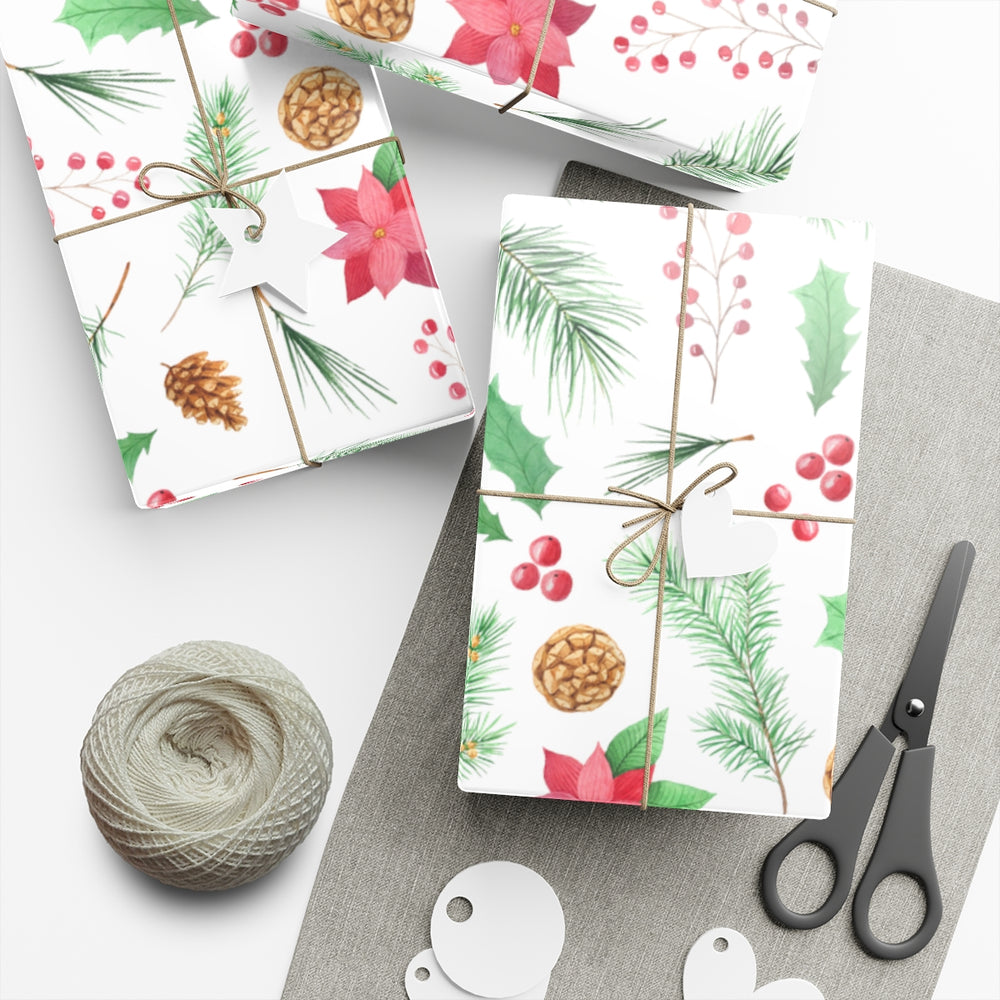Classic Holly Poinsettia Watercolor Pattern Gift Wrapping Paper