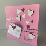Love Letter 3D Papercraft Valentine's Day Greeting Card with black and white bakers twine, mini envelope and floating 3d hearts