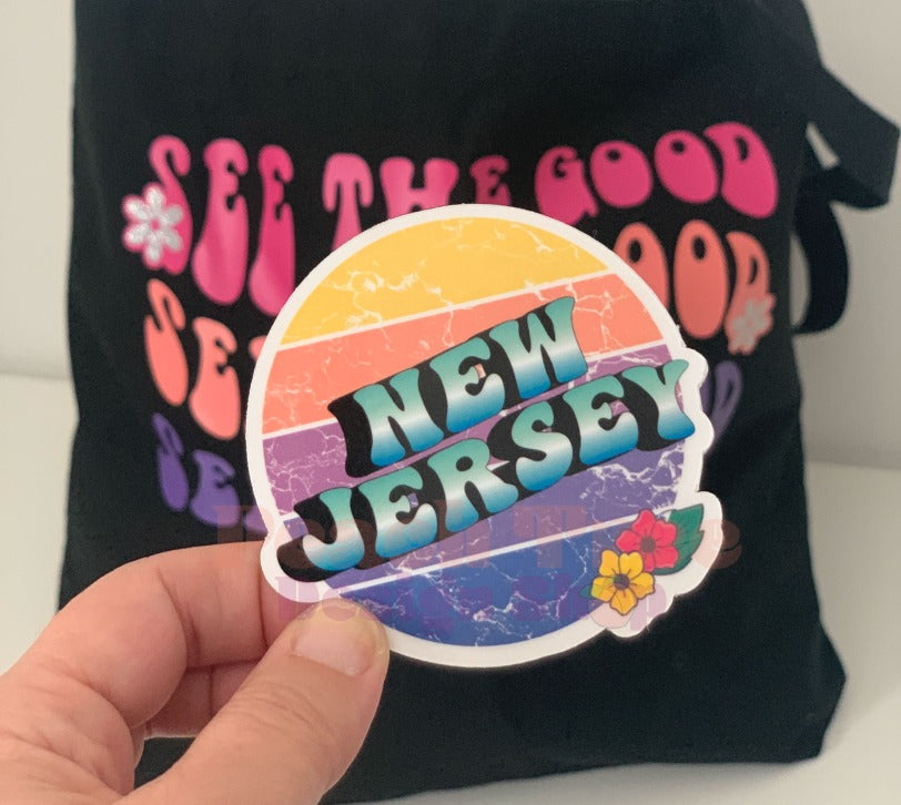 New Jersey Retro Sunset Flower Sticker