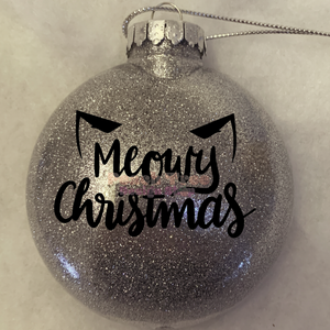 
            
                Load image into Gallery viewer, Meowy Christmas Custom Glitter Ornament in silver with black writing
            
        