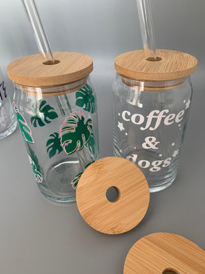 Bamboo Lid and Glass Straw for Glass Can, Beer Can Lid, Lid for Beer Can, Bamboo  Mason Jar Lid, Glass Straw, Lid and Straw for Beer Can 