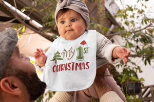 
            
                Load image into Gallery viewer, My 1st Christmas white bib with Santa Hat, tree and antlers
            
        
