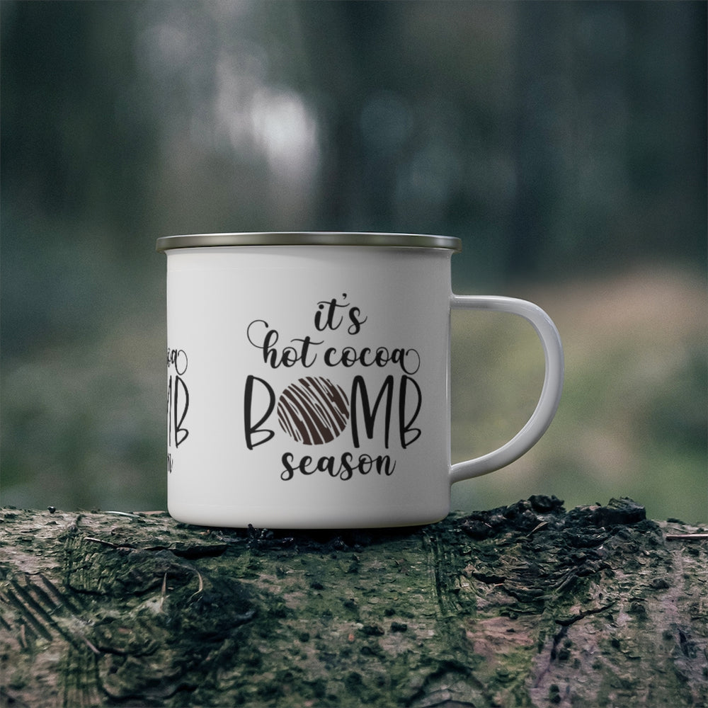 it's hot cocoa bomb season enamel camping mug - white mug with black text and a cute chocolate brown cocoa bomb for the o