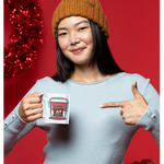 Woman pointing to mug with a cute Shiba Inu in a coffee shop window illustration on both sides. 