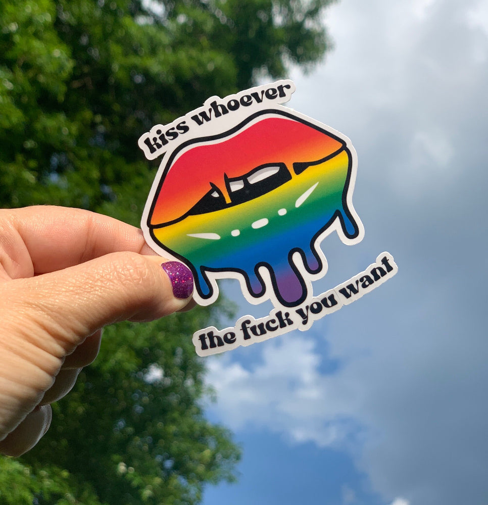 
            
                Load image into Gallery viewer, Say Gay, Kiss Whoever the Fuck You Want, LGBTQ Lips, Rainbow Pride Sticker Water Bottle, Coming Out Gift, Gay Pride Gifts, Laptop Decal
            
        