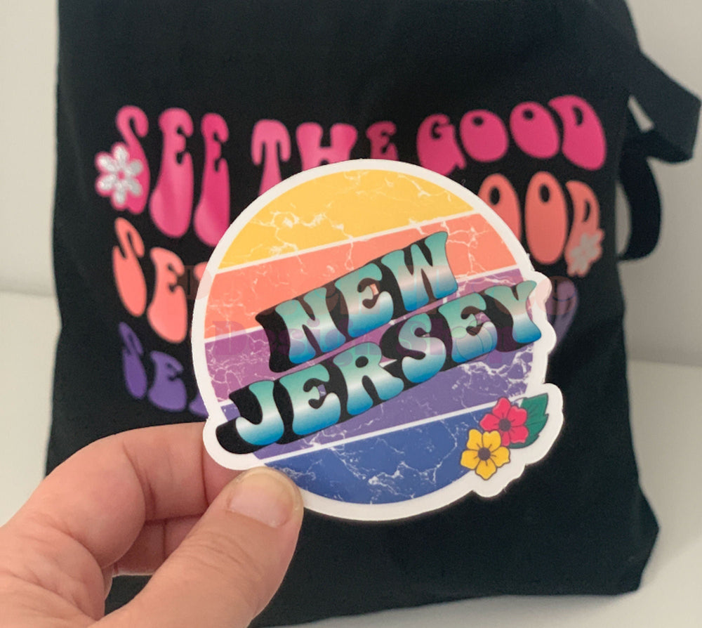 New Jersey / Custom State Retro Sunset Sticker, Hometown Pride Sticker, Groovy City Sticker
