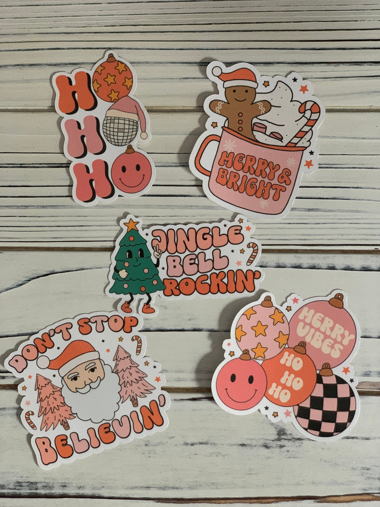 Retro Holiday Christmas Sticker 10 Pack, Laptop Decal, Water Bottle Label Pack, Stocking Stuffer, White Elephant Gift, Holiday Present