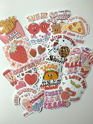 
            
                Load image into Gallery viewer, Retro Valentine&amp;#39;s Day Food Gift, Funny Food Stickers, Cute Laptop decal, Pizza of my heart, chocolate is my valentine, gift for her
            
        
