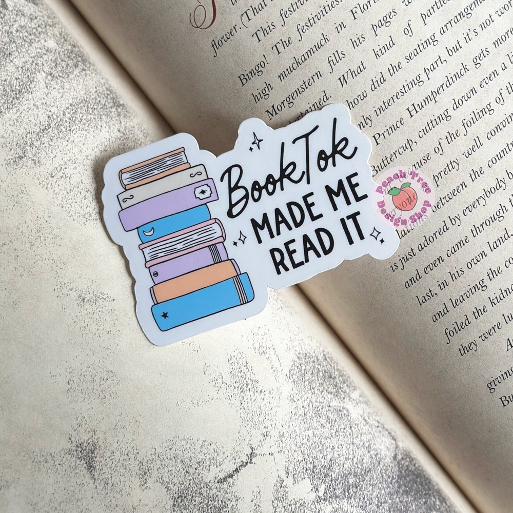 
            
                Load image into Gallery viewer, BookTok Made Me Read It Sticker, Book Lover Stickers, Water bottle stickers Kindle Sticker, Laptop Decal, Book Lover Gift, Bibliophile Gift
            
        