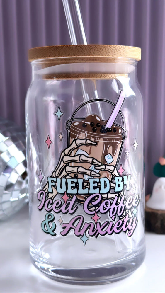 
            
                Load image into Gallery viewer, Fueled By Iced Coffee and Anxiety Skeleton Cup, Iced Coffee Glass, Spooky Glass tumbler, Fall Gifts, Iced Coffee Cup with Bamboo Lid &amp;amp; Straw
            
        