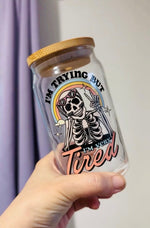 Retro Halloween Cup, Dead tired cup, Tired Mom Club, Iced Coffee Cup, Skeleton Glass Tumbler, Iced Coffee Cup with Bamboo Lid & Straw