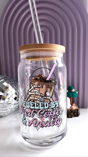 Fueled By Iced Coffee and Anxiety Skeleton Cup, Iced Coffee Glass, Spooky Glass tumbler, Fall Gifts, Iced Coffee Cup with Bamboo Lid & Straw